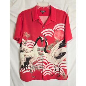 Express Button Up Shirt Short Sleeve Men's Size M Red Crane Bird Print Hawaiian